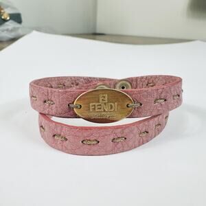 Fendi Pink Leather Selleria Wrap Bracelet 7in Gold Tone Logo Snap Designer